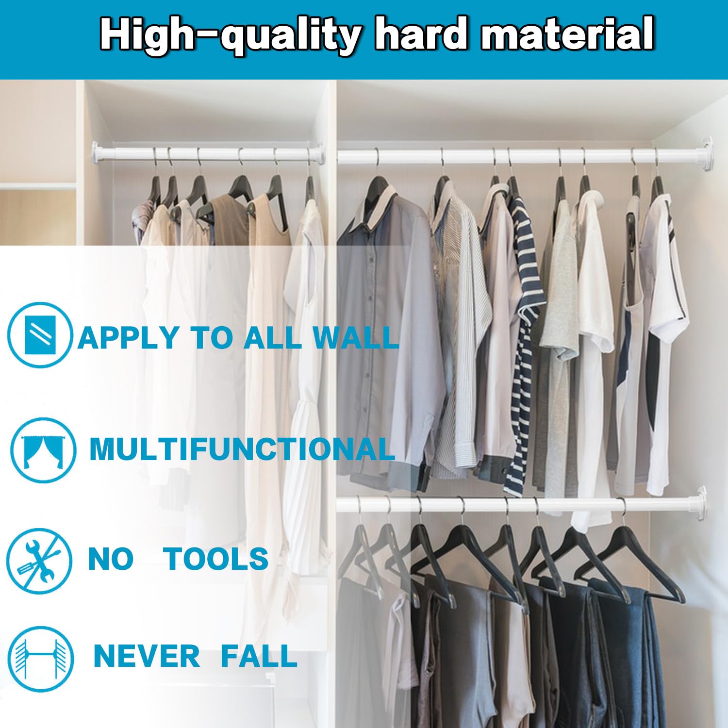 Closet Rod - 30-50 Inches, No Drilling Closet Rod Extender Hanging - White Adjustable Clothes Hanging Bar, With Holder For Close